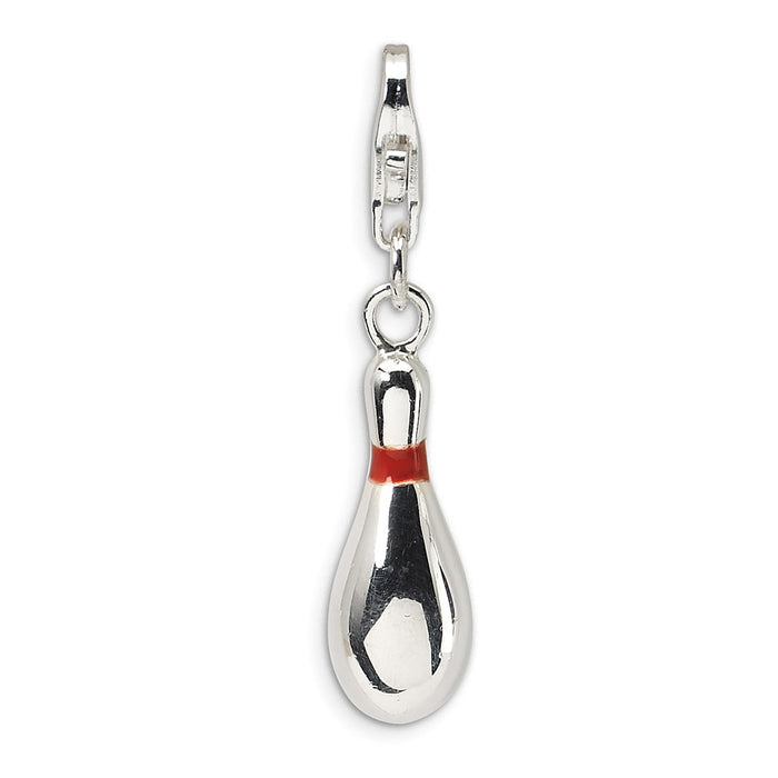 Million Charms 925 Sterling Silver Rhodium-Plated Enameled Bowling Pin With Lobster Clasp Charm