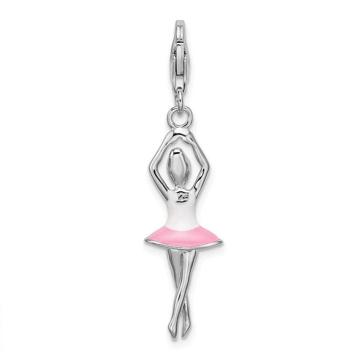 Million Charms 925 Sterling Silver Rhodium-Plated 3D Enamel Ballerina With Lobster Clasp Charm