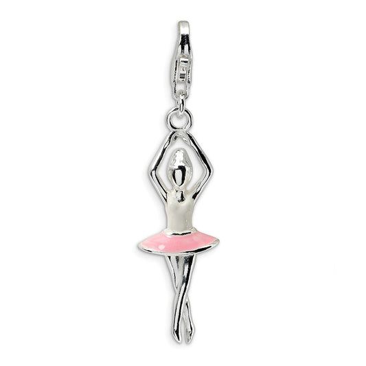 Million Charms 925 Sterling Silver Rhodium-Plated 3D Enamel Ballerina With Lobster Clasp Charm