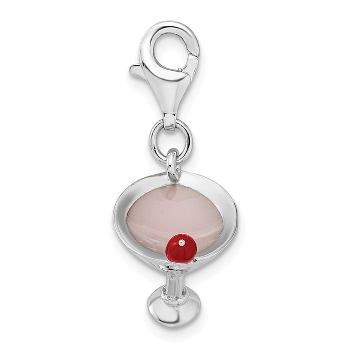 Million Charms 925 Sterling Silver Rhodium-Plated 3-D Pink Enameled Martini With Lobster Clasp Charm