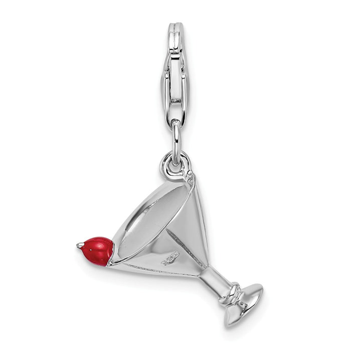 Million Charms 925 Sterling Silver Rhodium-Plated 3-D Pink Enameled Martini With Lobster Clasp Charm