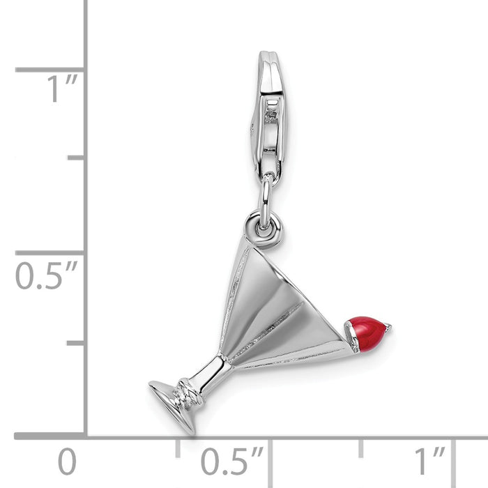 Million Charms 925 Sterling Silver Rhodium-Plated 3-D Pink Enameled Martini With Lobster Clasp Charm