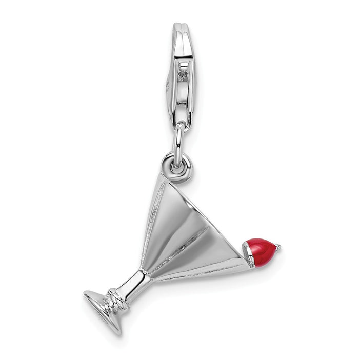 Million Charms 925 Sterling Silver Rhodium-Plated 3-D Pink Enameled Martini With Lobster Clasp Charm