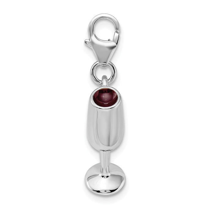 Million Charms 925 Sterling Silver Rhodium-Plated 3-D Enameled Red Wine Glass With Lobster Clasp Charm