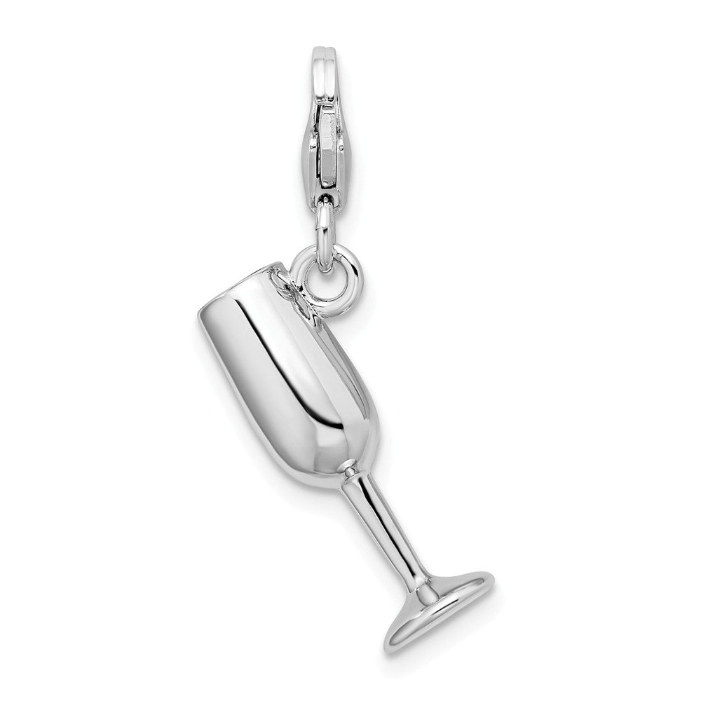 Million Charms 925 Sterling Silver Rhodium-Plated 3-D Enameled Red Wine Glass With Lobster Clasp Charm