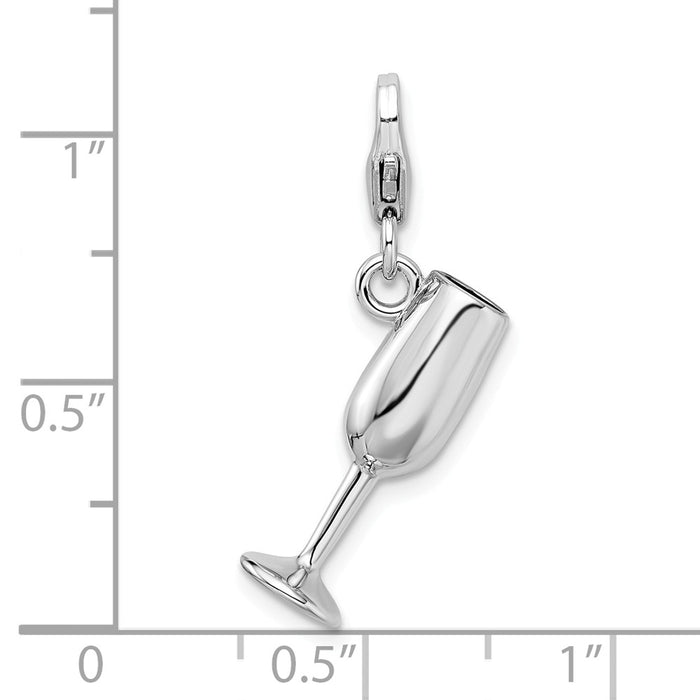 Million Charms 925 Sterling Silver Rhodium-Plated 3-D Enameled Red Wine Glass With Lobster Clasp Charm