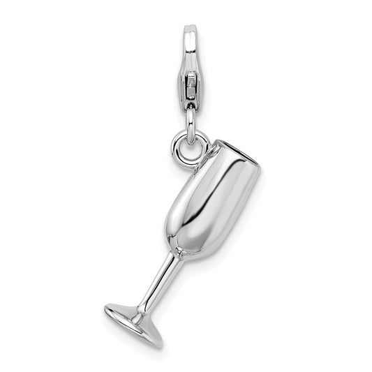 Million Charms 925 Sterling Silver Rhodium-Plated 3-D Enameled Red Wine Glass With Lobster Clasp Charm