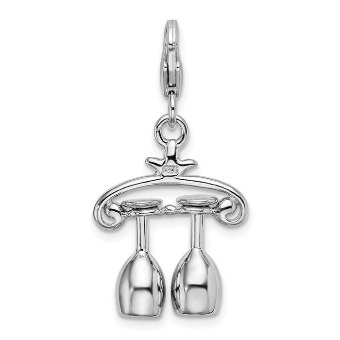 Million Charms 925 Sterling Silver Rhodium-Plated 3-D Wine Rack With Lobster Clasp Charm