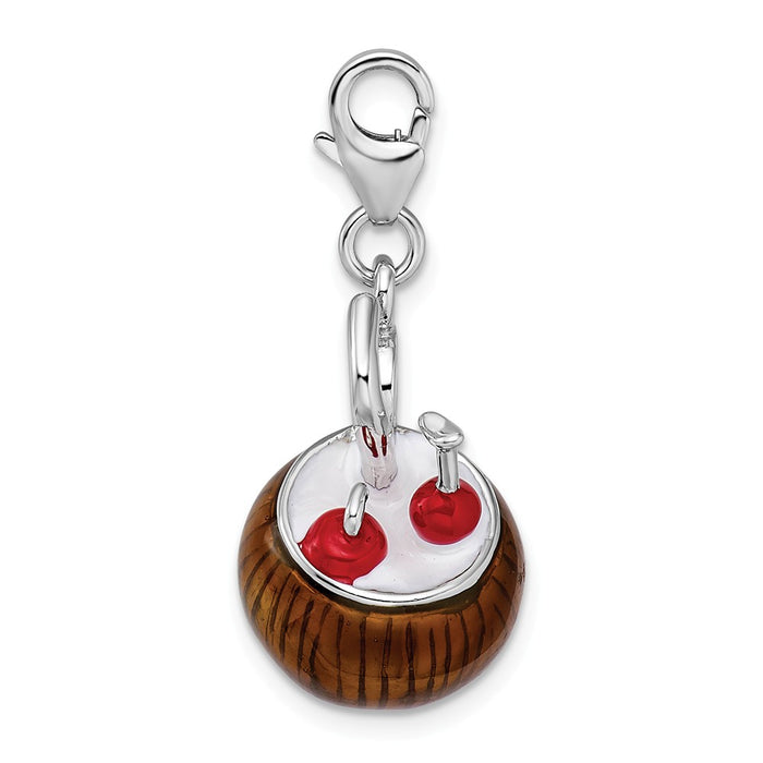 Million Charms 925 Sterling Silver Rhodium-Plated 3-D Enameled Pina Colada With Lobster Clasp Charm
