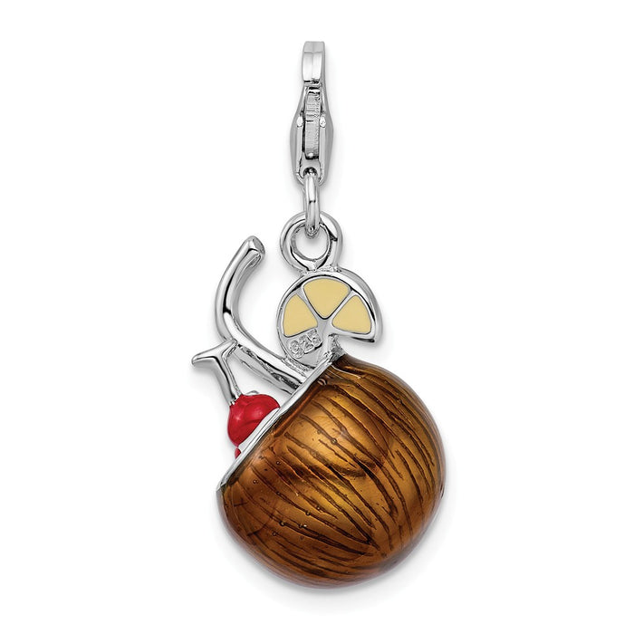 Million Charms 925 Sterling Silver Rhodium-Plated 3-D Enameled Pina Colada With Lobster Clasp Charm