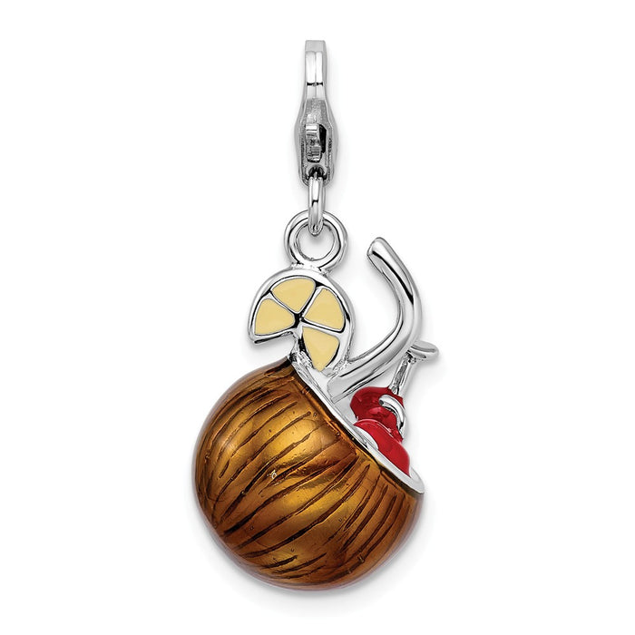 Million Charms 925 Sterling Silver Rhodium-Plated 3-D Enameled Pina Colada With Lobster Clasp Charm