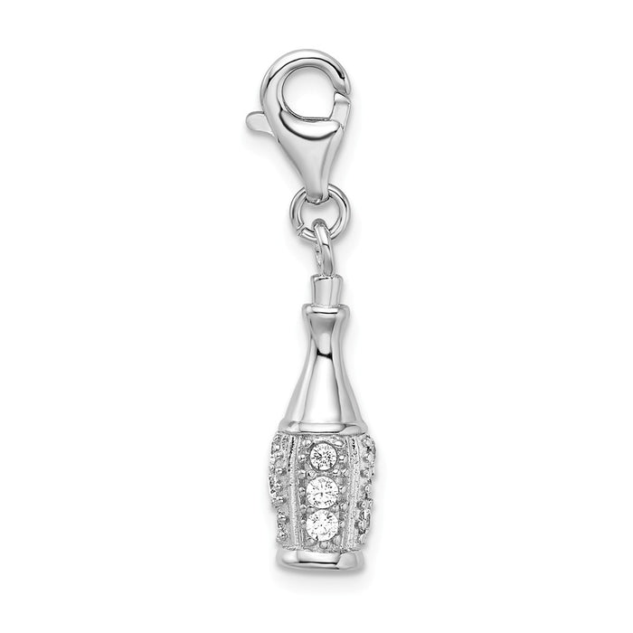 Million Charms 925 Sterling Silver Rhodium-Plated (Cubic Zirconia) CZ Champagne Bottle With Lobster Clasp Charm