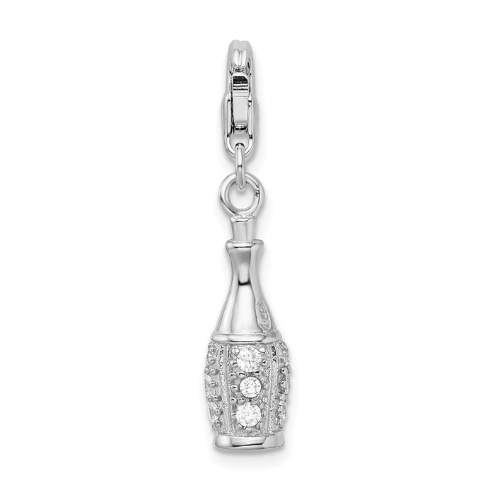 Million Charms 925 Sterling Silver Rhodium-Plated (Cubic Zirconia) CZ Champagne Bottle With Lobster Clasp Charm