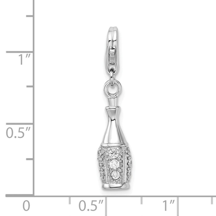 Million Charms 925 Sterling Silver Rhodium-Plated (Cubic Zirconia) CZ Champagne Bottle With Lobster Clasp Charm