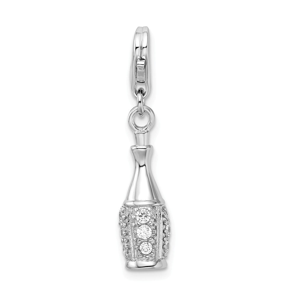 Million Charms 925 Sterling Silver Rhodium-Plated (Cubic Zirconia) CZ Champagne Bottle With Lobster Clasp Charm