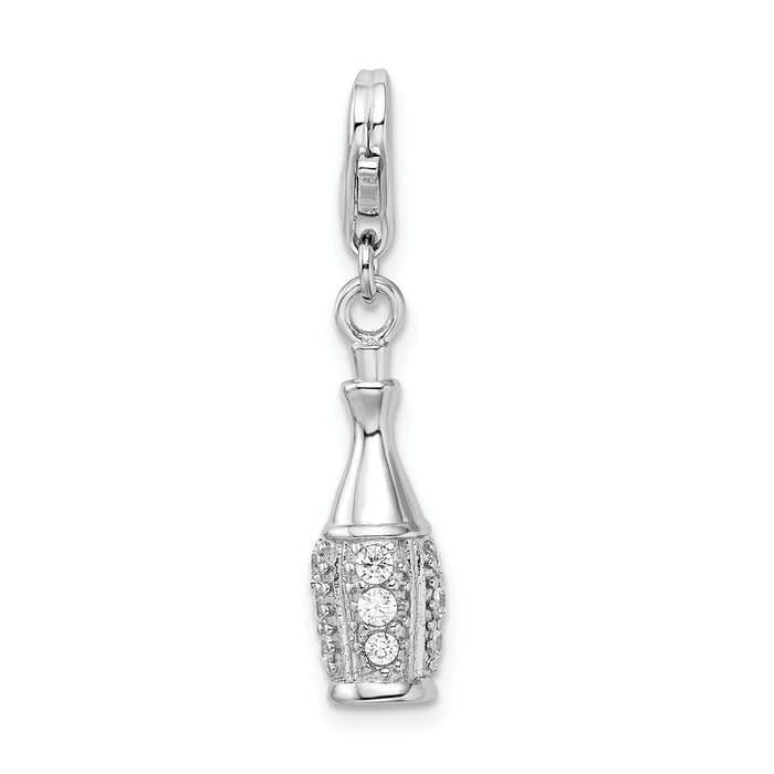 Million Charms 925 Sterling Silver Rhodium-Plated (Cubic Zirconia) CZ Champagne Bottle With Lobster Clasp Charm