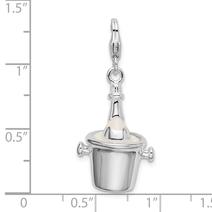 Million Charms 925 Sterling Silver With Rhodium-Plated Enamel Champagne Bottle In Ice Bucket With Lobster Charm