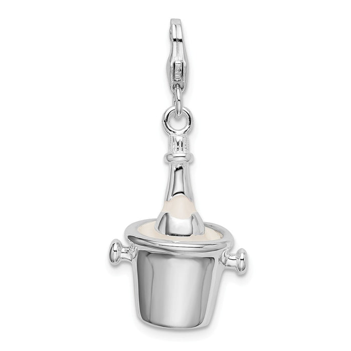 Million Charms 925 Sterling Silver With Rhodium-Plated Enamel Champagne Bottle In Ice Bucket With Lobster Charm