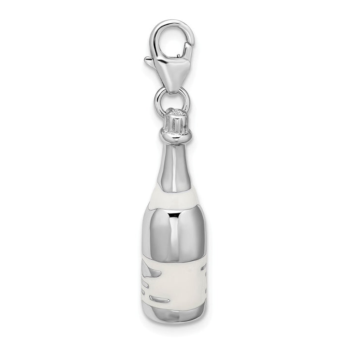 Million Charms 925 Sterling Silver With Rhodium-Plated 3-D Enameled Champagne Bottle With Lobster Clasp Charm