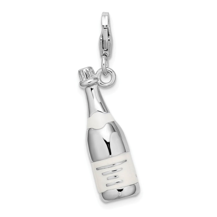 Million Charms 925 Sterling Silver With Rhodium-Plated 3-D Enameled Champagne Bottle With Lobster Clasp Charm