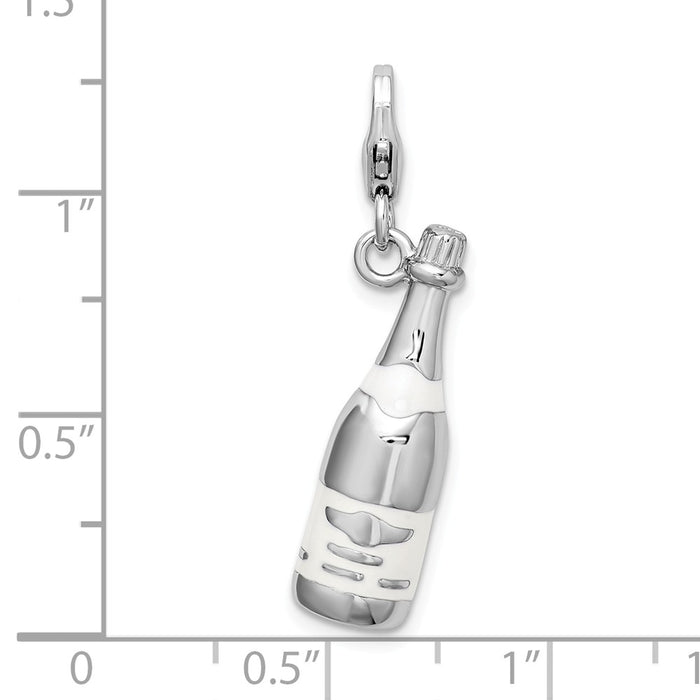 Million Charms 925 Sterling Silver With Rhodium-Plated 3-D Enameled Champagne Bottle With Lobster Clasp Charm