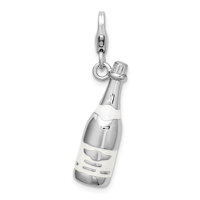 Million Charms 925 Sterling Silver With Rhodium-Plated 3-D Enameled Champagne Bottle With Lobster Clasp Charm