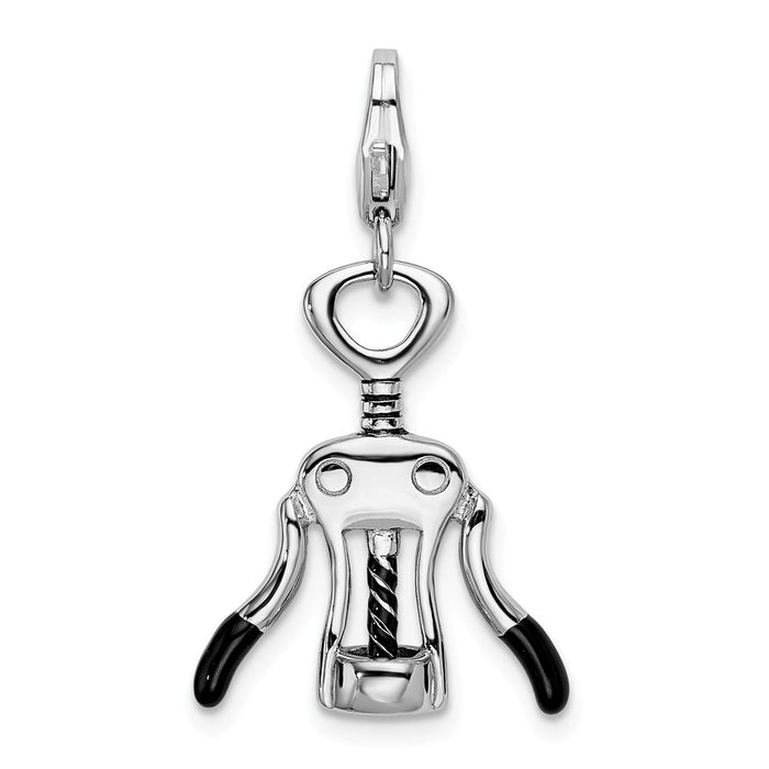 Million Charms 925 Sterling Silver Rhodium-Plated Enameled Cork Screw With Lobster Clasp Charm