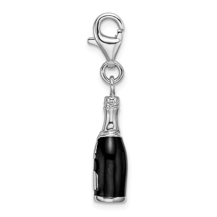 Million Charms 925 Sterling Silver With Rhodium-Plated Black Enameled Champagne Bottle With Lobster Clasp Charm