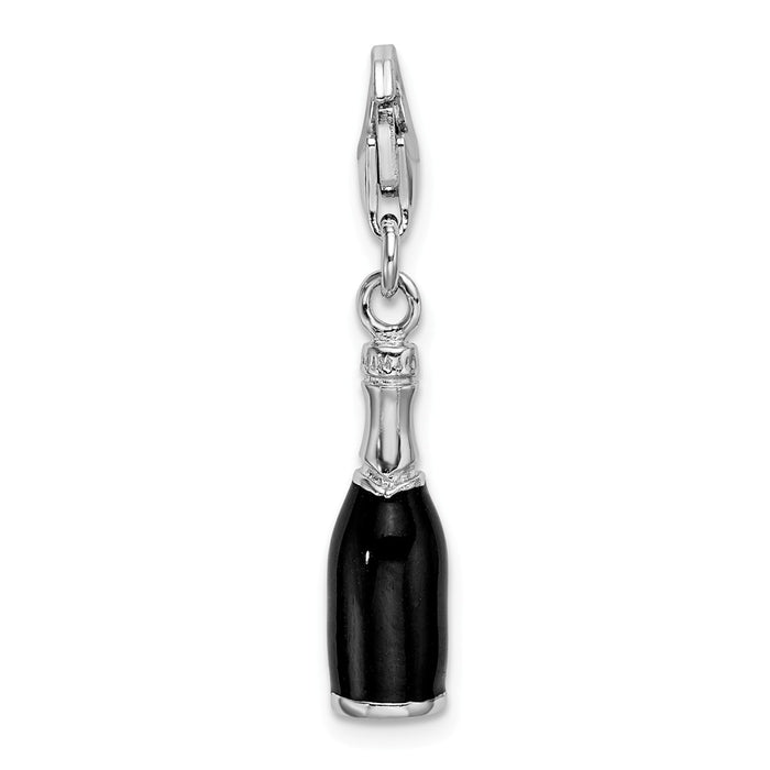 Million Charms 925 Sterling Silver With Rhodium-Plated Black Enameled Champagne Bottle With Lobster Clasp Charm