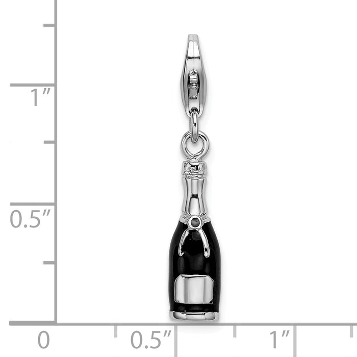 Million Charms 925 Sterling Silver With Rhodium-Plated Black Enameled Champagne Bottle With Lobster Clasp Charm