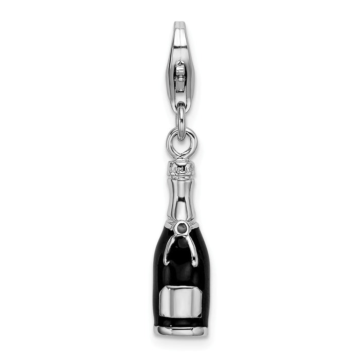 Million Charms 925 Sterling Silver With Rhodium-Plated Black Enameled Champagne Bottle With Lobster Clasp Charm