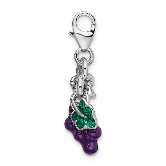 Million Charms 925 Sterling Silver Rhodium-Plated 3-D Enameled Grapes With Lobster Clasp Charm