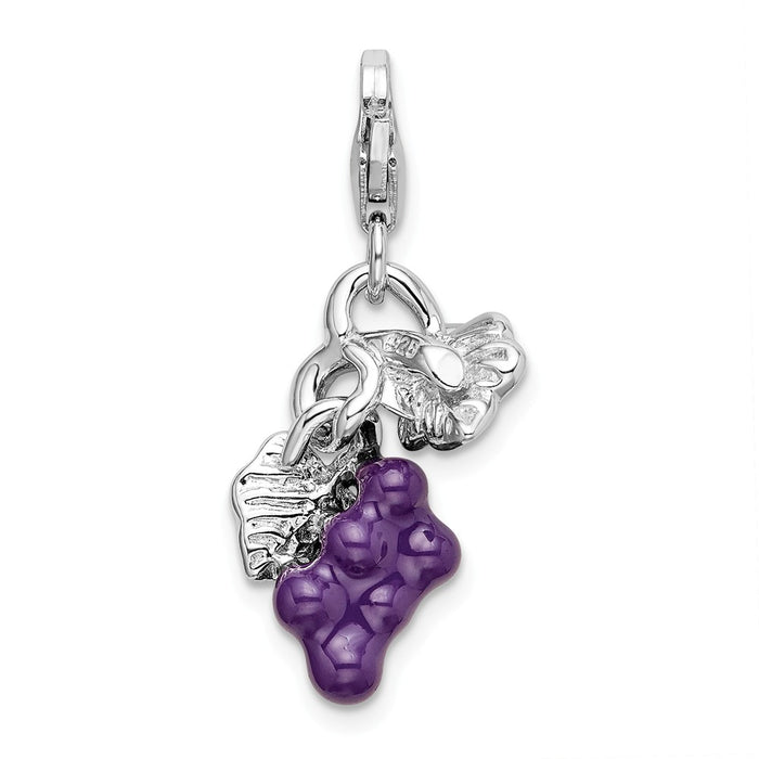 Million Charms 925 Sterling Silver Rhodium-Plated 3-D Enameled Grapes With Lobster Clasp Charm