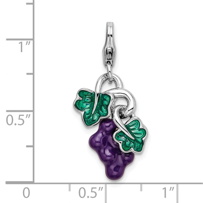 Million Charms 925 Sterling Silver Rhodium-Plated 3-D Enameled Grapes With Lobster Clasp Charm