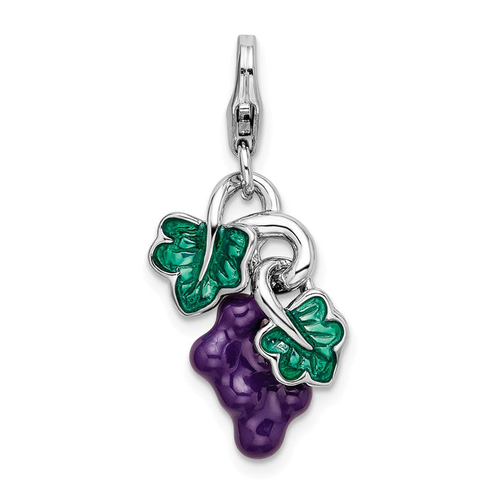 Million Charms 925 Sterling Silver Rhodium-Plated 3-D Enameled Grapes With Lobster Clasp Charm