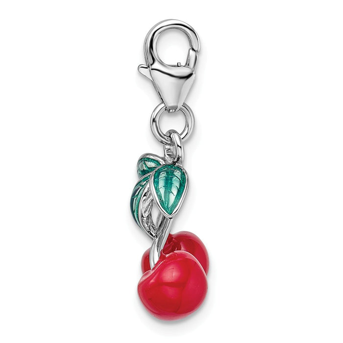 Million Charms 925 Sterling Silver Rhodium-Plated 3-D Enameled Red Cherries With Lobster Clasp Charm