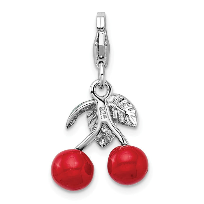 Million Charms 925 Sterling Silver Rhodium-Plated 3-D Enameled Red Cherries With Lobster Clasp Charm