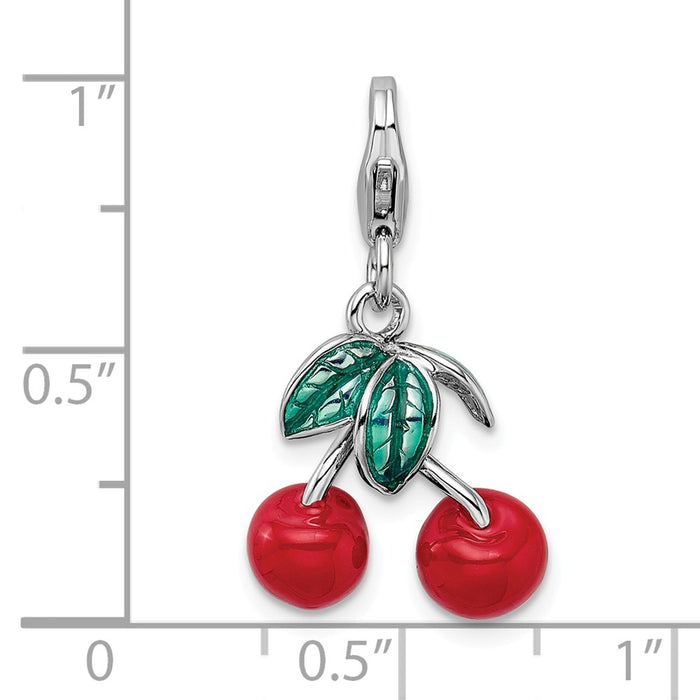 Million Charms 925 Sterling Silver Rhodium-Plated 3-D Enameled Red Cherries With Lobster Clasp Charm