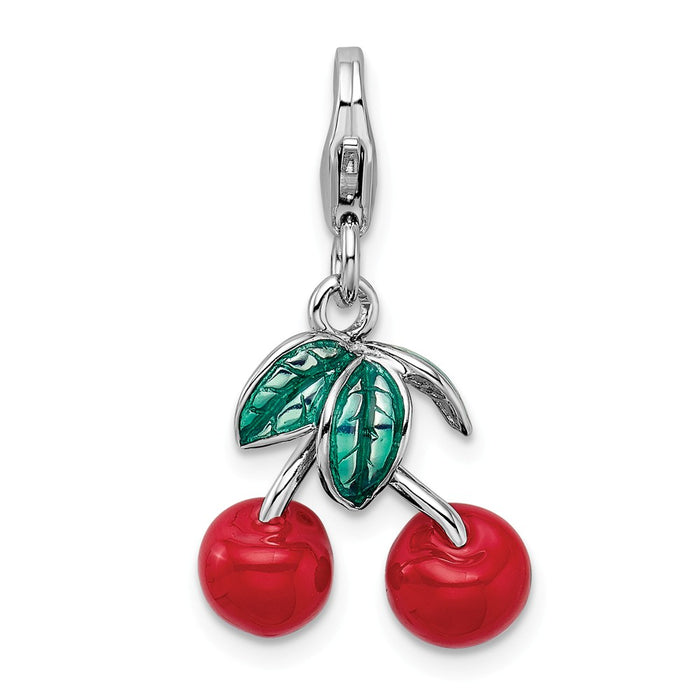 Million Charms 925 Sterling Silver Rhodium-Plated 3-D Enameled Red Cherries With Lobster Clasp Charm