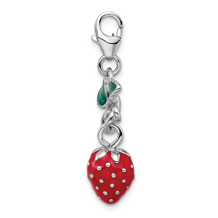 Million Charms 925 Sterling Silver Rhodium-Plated 3-D Enameled Strawberry With Lobster Clasp Charm