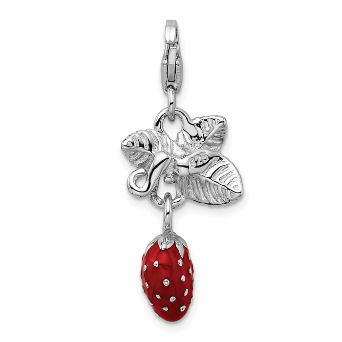 Million Charms 925 Sterling Silver Rhodium-Plated 3-D Enameled Strawberry With Lobster Clasp Charm