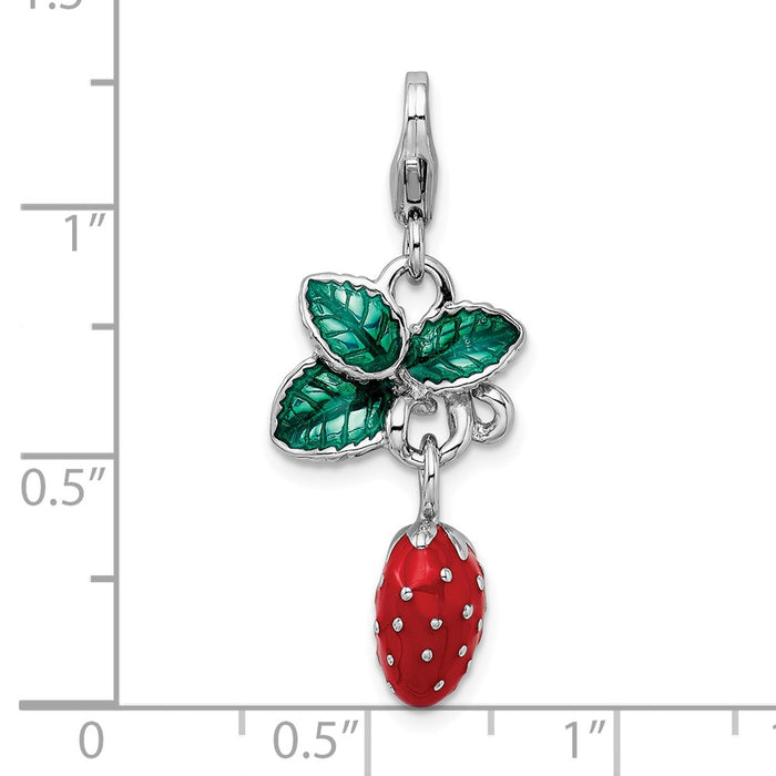 Million Charms 925 Sterling Silver Rhodium-Plated 3-D Enameled Strawberry With Lobster Clasp Charm