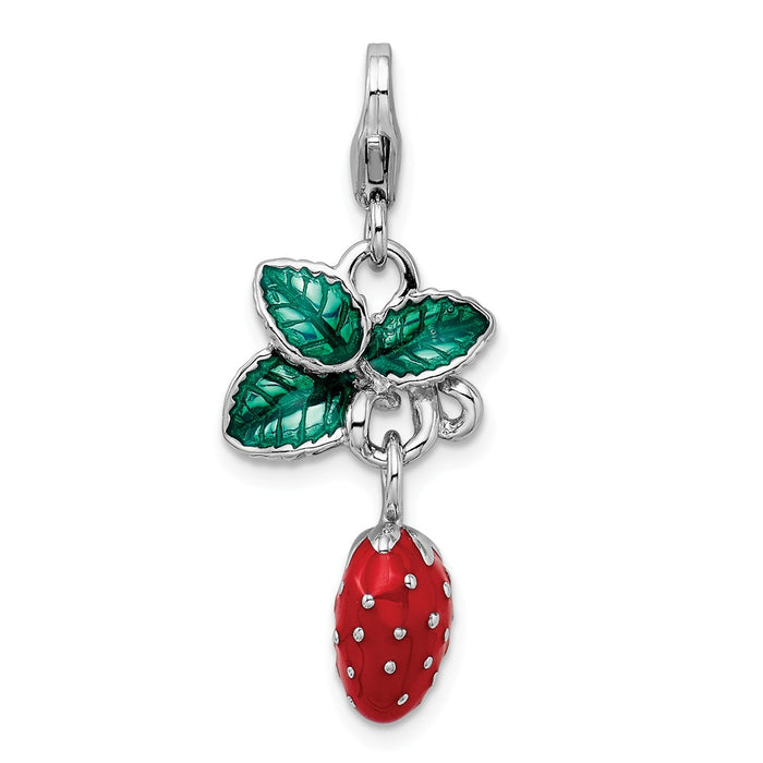 Million Charms 925 Sterling Silver Rhodium-Plated 3-D Enameled Strawberry With Lobster Clasp Charm