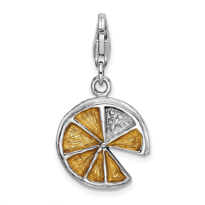Million Charms 925 Sterling Silver Rhodium-Plated 3-D Yellow Enamel Lemon Wedge With Lobster Clasp Charm