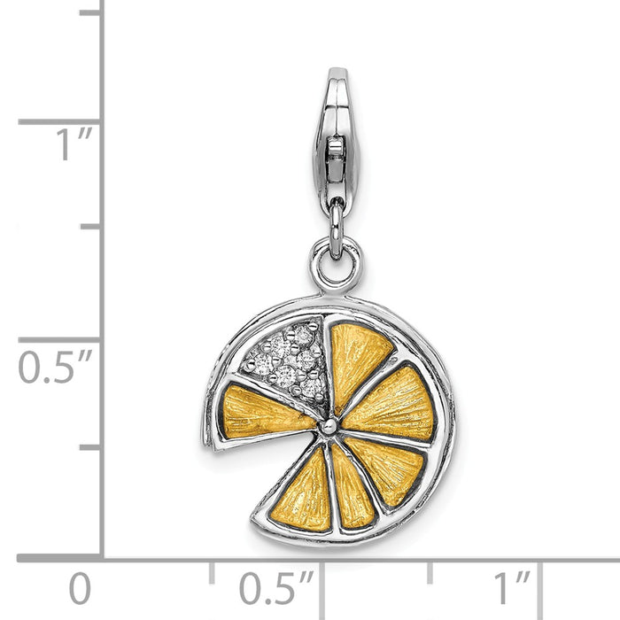 Million Charms 925 Sterling Silver Rhodium-Plated 3-D Yellow Enamel Lemon Wedge With Lobster Clasp Charm