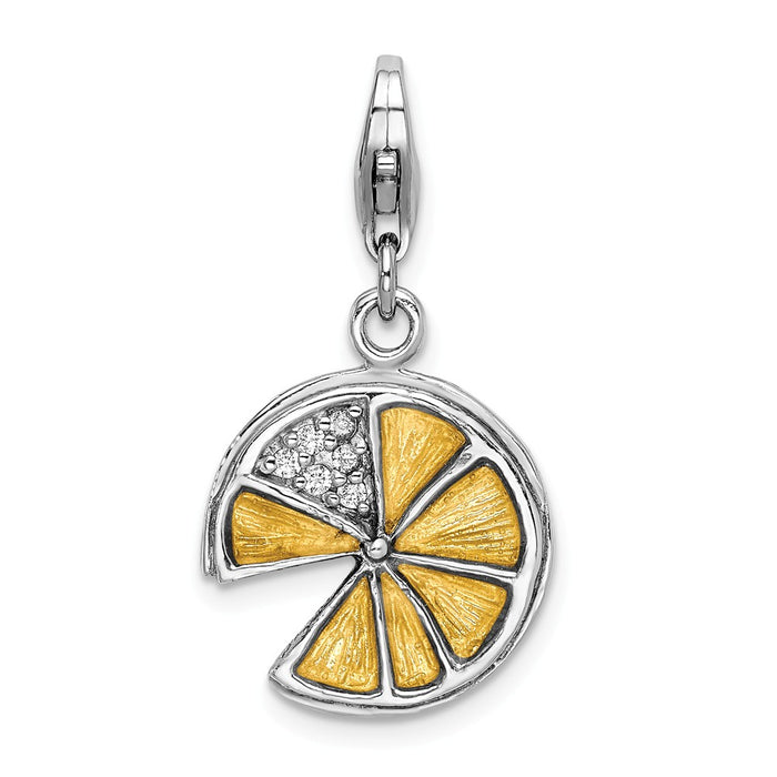 Million Charms 925 Sterling Silver Rhodium-Plated 3-D Yellow Enamel Lemon Wedge With Lobster Clasp Charm