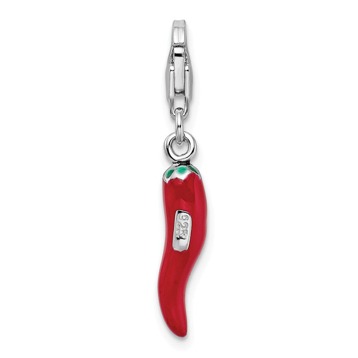 Million Charms 925 Sterling Silver Rhodium-Plated Red Enamel Pepper With Lobster Clasp Charm