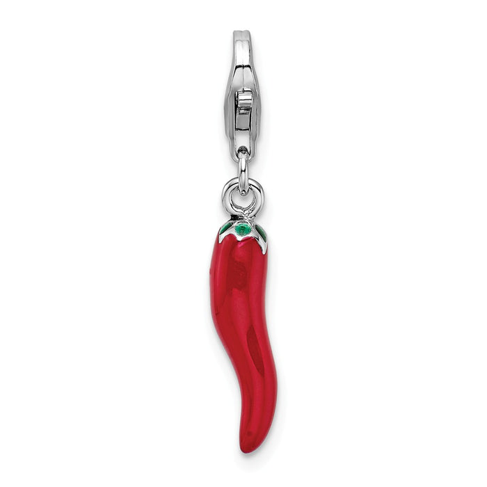 Million Charms 925 Sterling Silver Rhodium-Plated Red Enamel Pepper With Lobster Clasp Charm