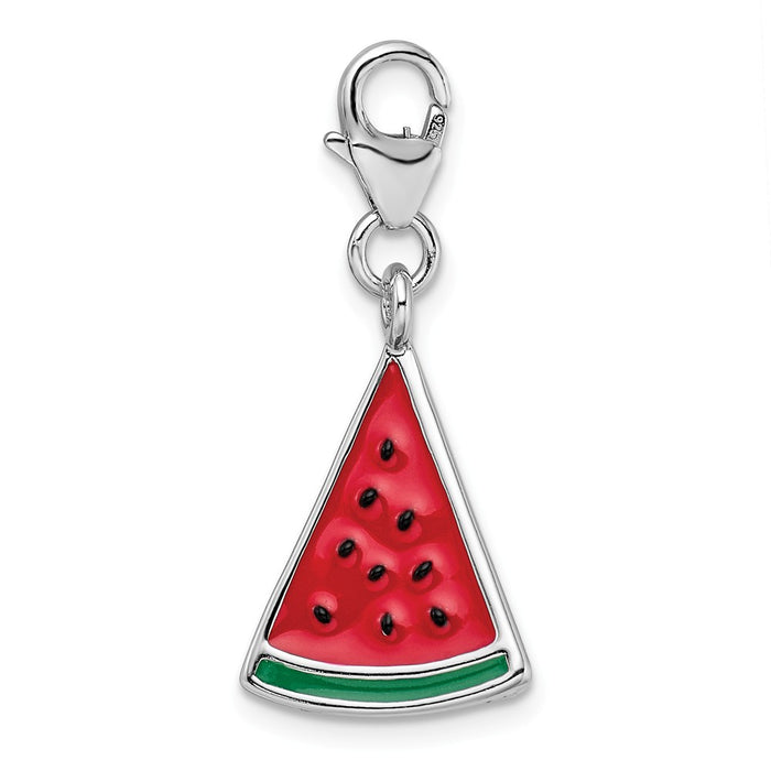 Million Charms 925 Sterling Silver Rhodium-Plated 3-D Enameled Watermelon Wedge With Lobster Clasp Charm