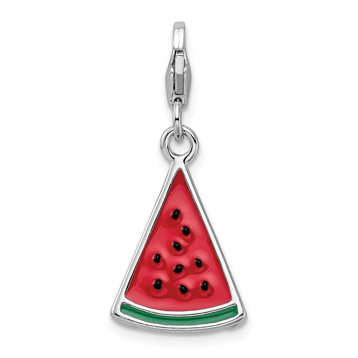 Million Charms 925 Sterling Silver Rhodium-Plated 3-D Enameled Watermelon Wedge With Lobster Clasp Charm